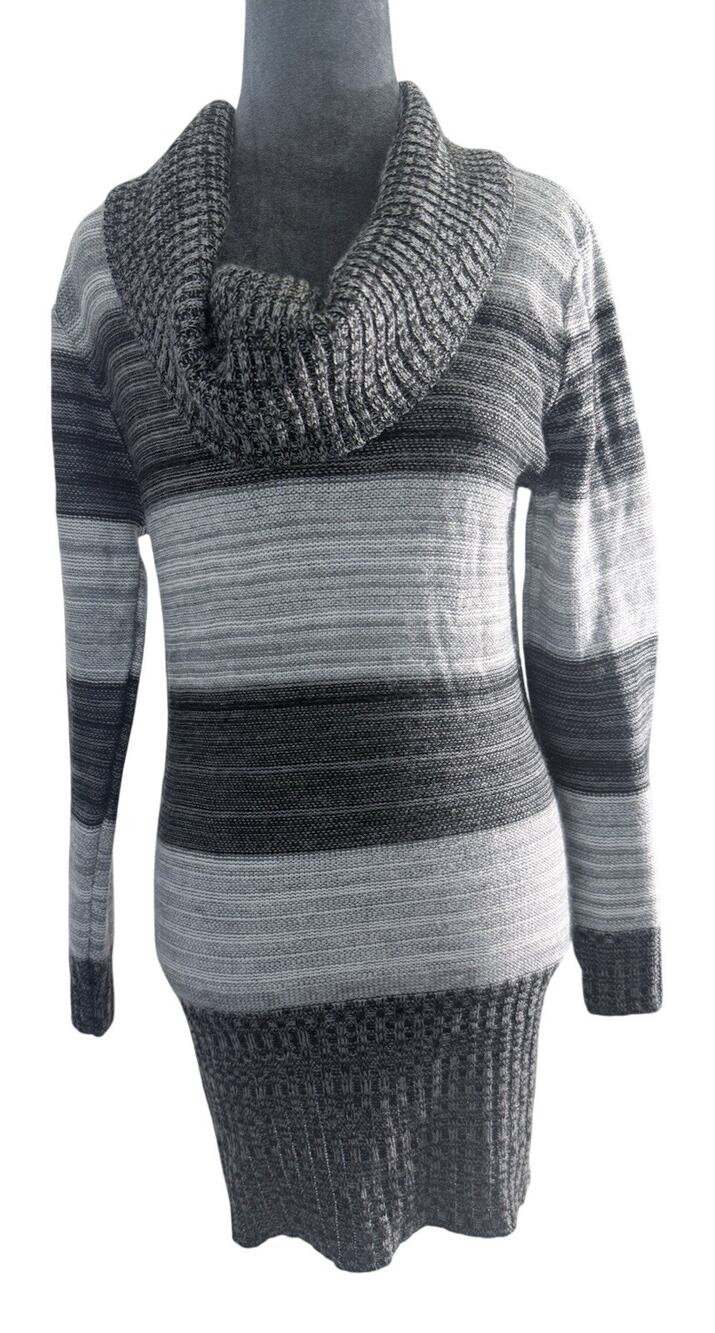 Knit Minded Sweater Medium Made USA Gray Black Stripe Cowl Neck Long Tunic